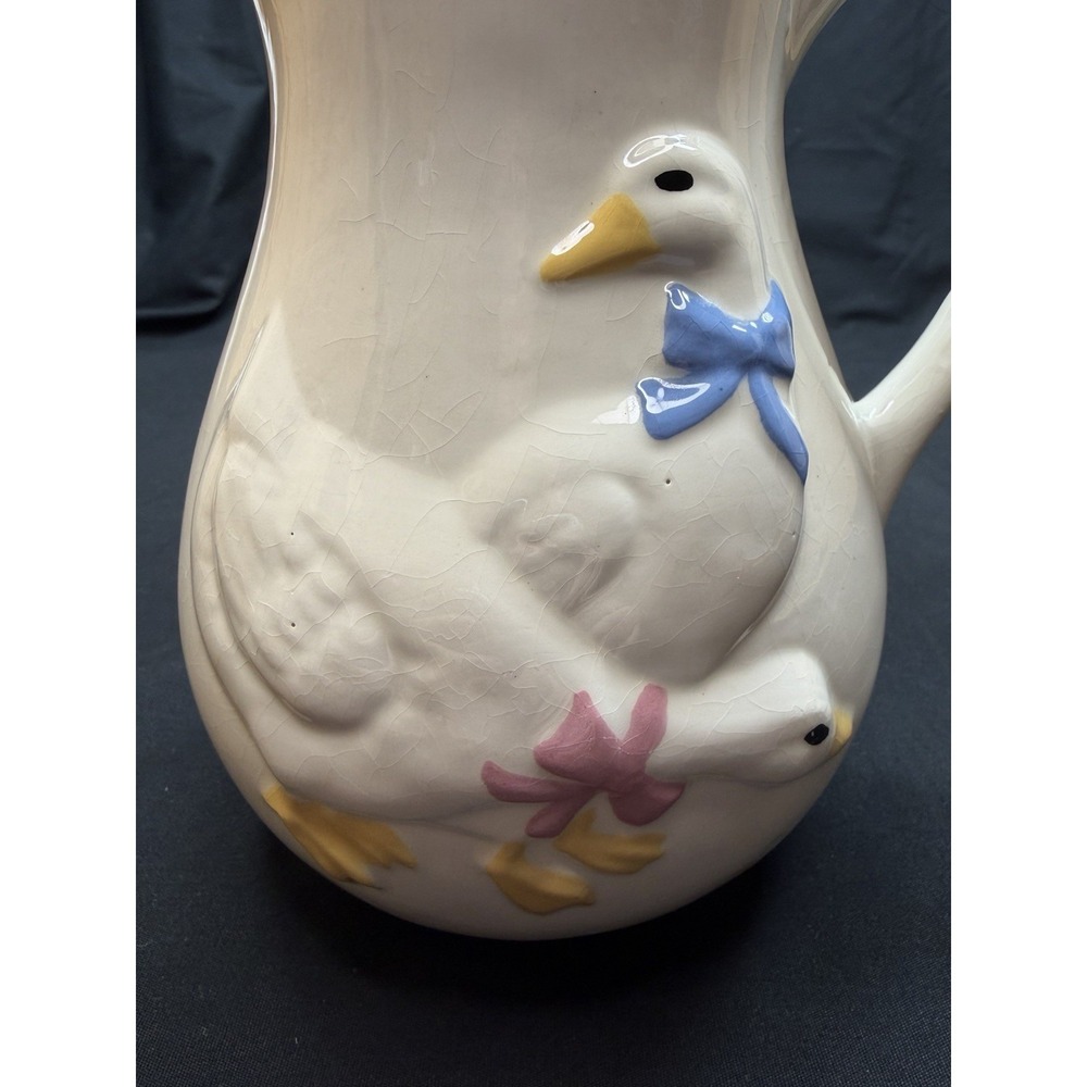 Vintage Otagiri Bowed Goose Pitcher Hand Painted White Geese 1983 Ceramic - Picture 2 of 14
